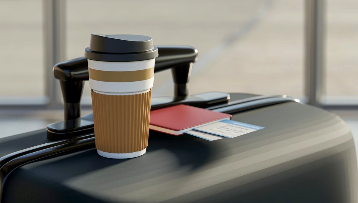 Coffee and a boarding pass on luggage
