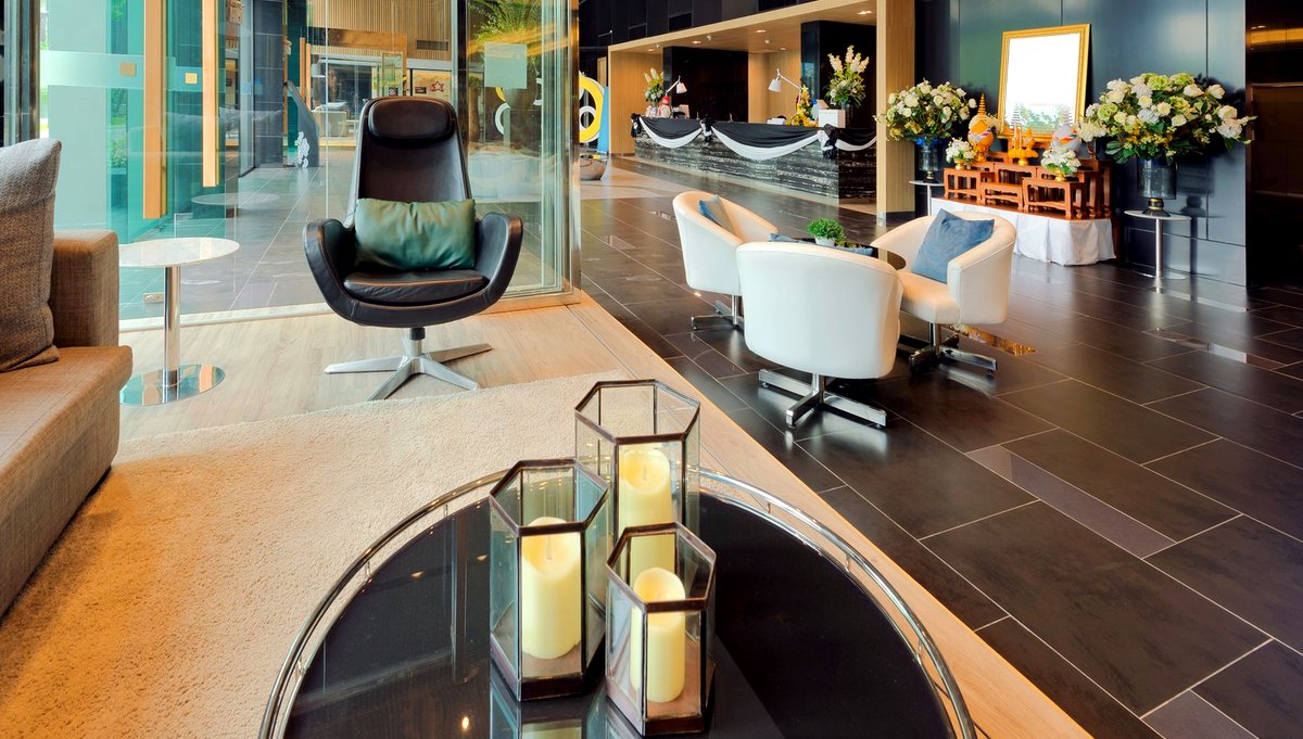 A hotel lobby in warm light