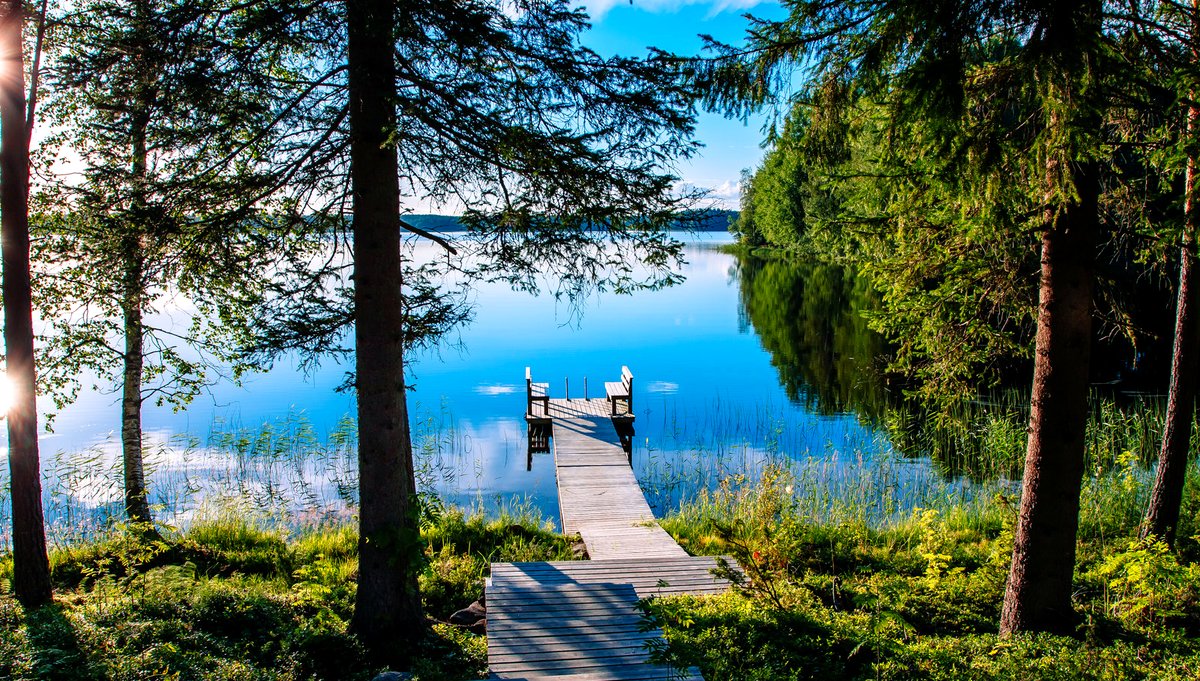 A wooden pier on a still lake