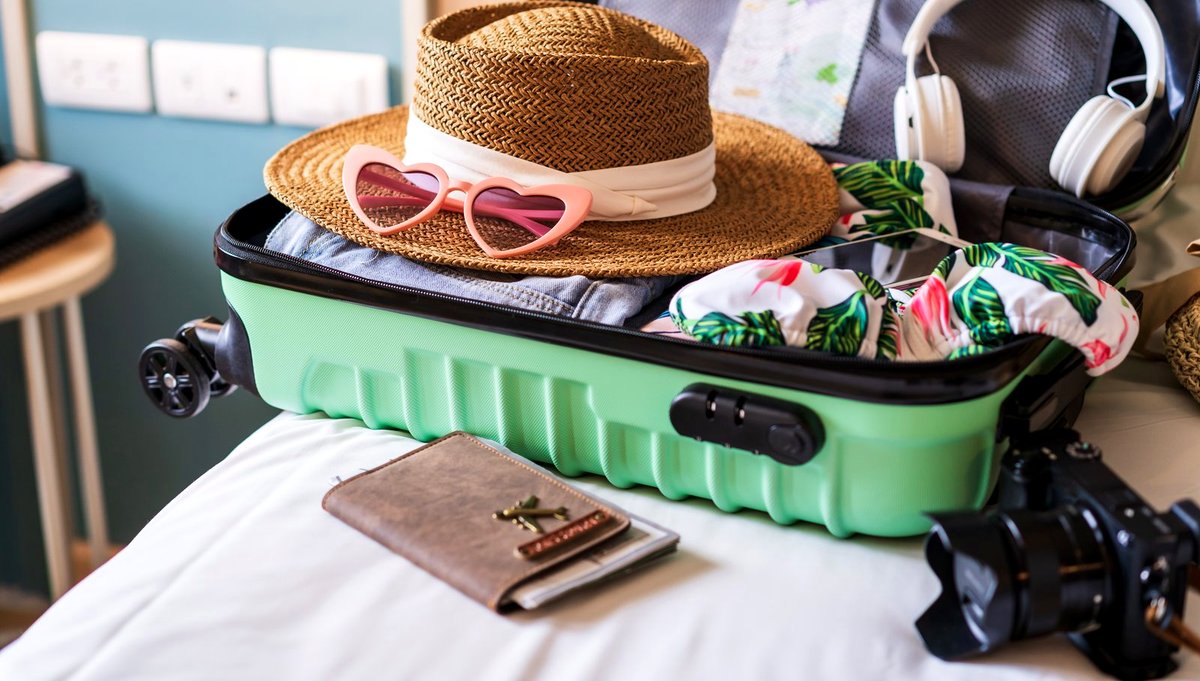 A suitcase packed by the door