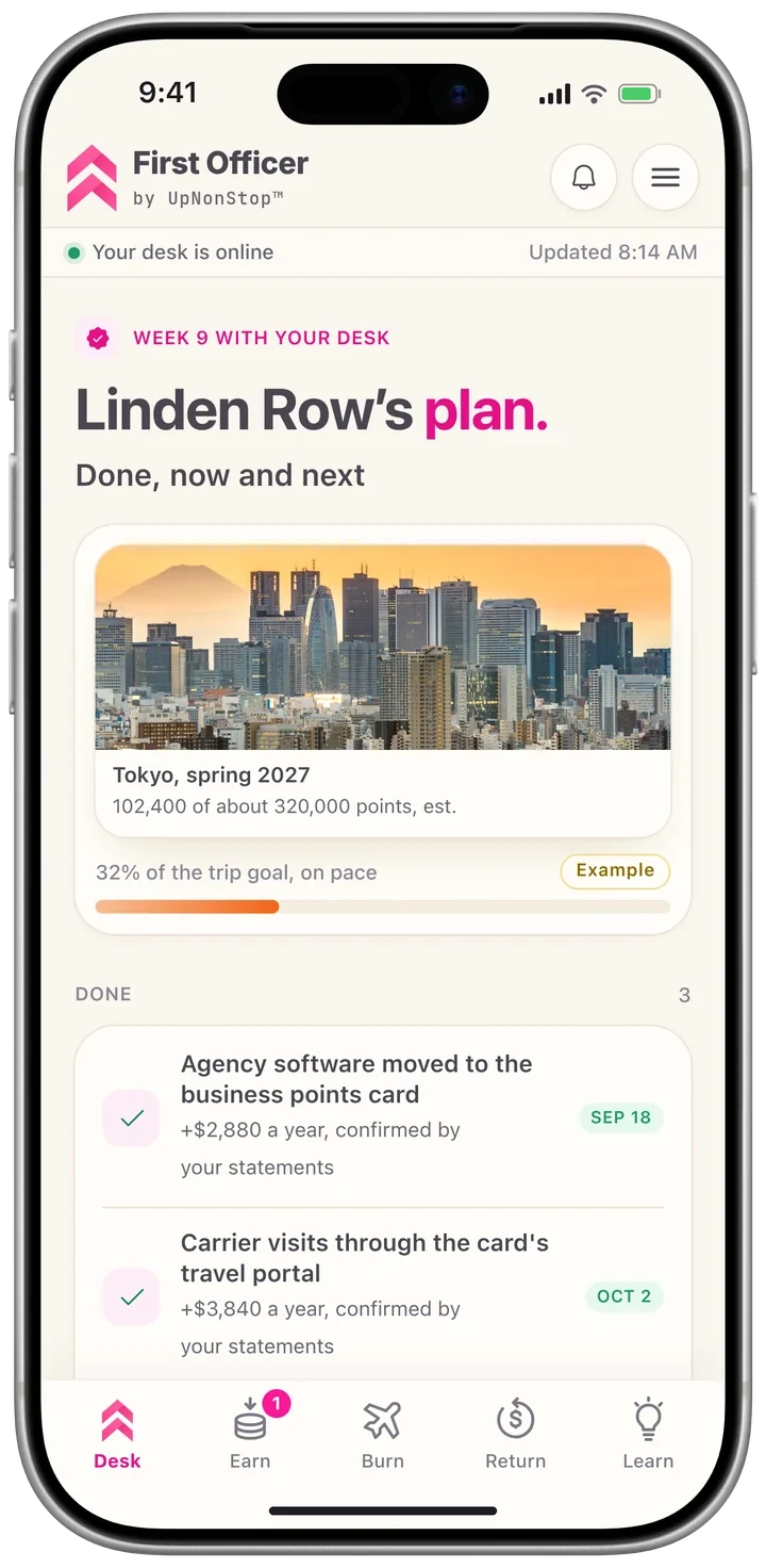 The plan screen: the Tokyo goal, the points so far, and the moves that are done and next