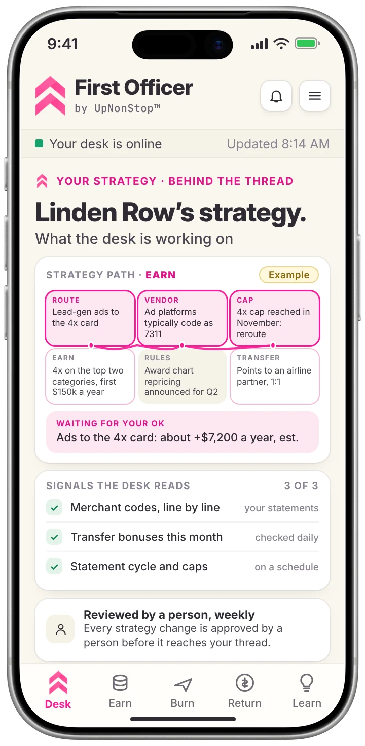 The strategy screen: the strategy path, the move waiting for an OK, and the signals the desk reads